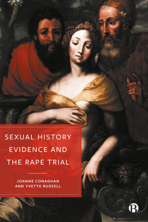 The book cover for Sexual History Evidence and the Rape Trial (Bristol University Press, 2023) by Professor Joanne Conaghan and Dr Yvette Russell. The text with the title and authors’ names sits over the painting of ‘Susanna and the Elders’ by Vincent Sellaer.